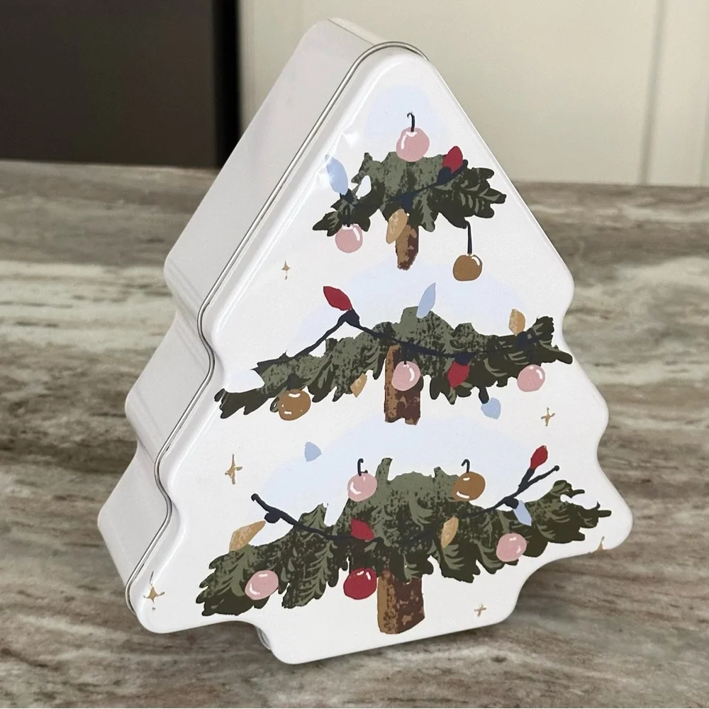 Snow Covered Christmas Tree Shaped Holiday Tin - Cookie Canister Candy Storage